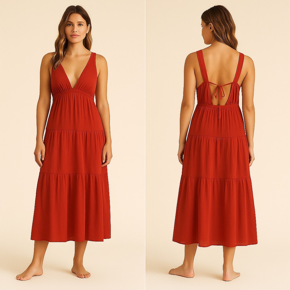 Salty Lemon Red Tiered Backless Midi Dress Size S